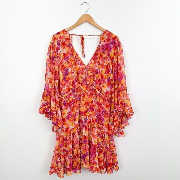 MISA Los Angeles Yasemin Bright Pink Orange Yellow Floral Chiffon Bell Sleeve Mi - Picture 3 of 16